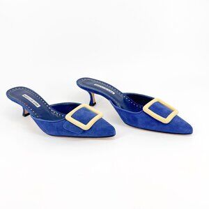 Manolo Blahnik Maysalebi Kitten Heel Mule Blue Suede Size 41 US 11 Women Maysale